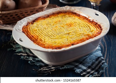 Shepherd's Pie Or Cottage Pie. Minced Beef Meat And Vegetables With Mashed Potatoes In Casserole Dish