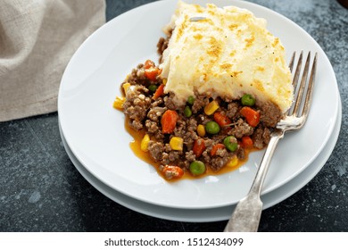 Shepherds Pie With Ground Beef And Vegetables Portion On A Plate