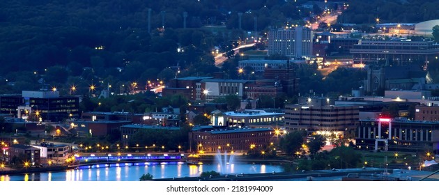 Sherbrooke City At Night, Downtown Cityscape In Quebec Canada Eastern Township