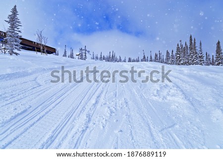 Sheregesh ski resort in Russia, located in Mountain Shoriya, Siberia. Winter landscape blue colored, trees in snow and ski slope. View on Mount Utua.