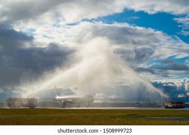 Sheremetyevo Airport (SVO),Moscow Region, Russia - 19 September, 2019: Aeroflot first landed on a new runway at 16.20 Moscow time-flight SU 019 St. Petersburg-Moscow.Traditional aviation salute.