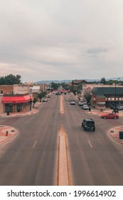 Sheridan, Wyoming USA- June 23, 2021: Overhead Shot Of Downtown MainStreet In Sheridan Wy.