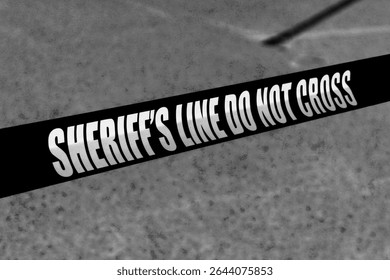 SHERIFF'S LINE DO NOT CROSS. Crime Scene blocked off by law enforcement. Do not cross tape. Part of a Parking Lot closed off for Police and Sheriff Cars and Vans to park and process bad guys. Protest
