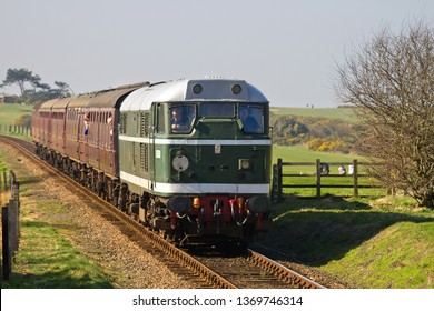 SHERINGHAM, NORFOLK, UK - MARCH 9, 2014: British Rail Class 31 No. D5631 (31207) Runs Alongside Sheringham Golf Club As It Works A Holt To Sheringham Passenger Service During The NNR's Steam Gala.