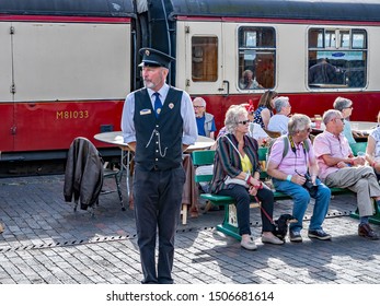 Sheringham, Norfolk, UK – September 14 2019.Train Conductor On Sheringham Train Station On The Norfolk Poppy Line During The Annual 1940s Weekend