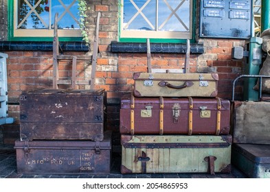 Sheringham, Norfolk, UK - SEPTEMBER 14 2019: WWII vintage suitcases on a train platform during 1940s weekend