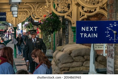 Sheringham, Norfolk, UK - SEPTEMBER 14 2019: Vintage Train Platform Architecture And Clock During 1940s Weekend