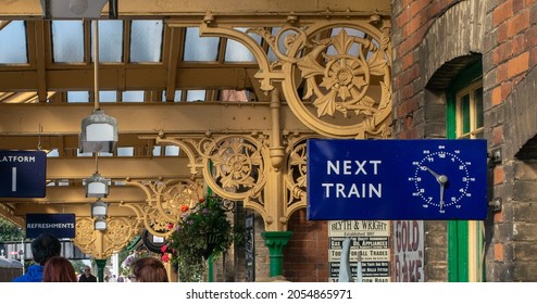 Sheringham, Norfolk, UK - SEPTEMBER 14 2019: Vintage Train Platform Architecture And Clock During 1940s Weekend