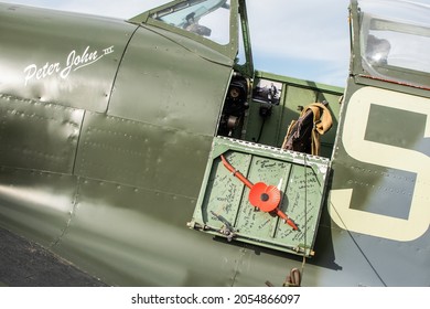 Sheringham, Norfolk, UK - SEPTEMBER 14 2019: Open pilot hatch of 1940s Supermarine Spitfire aircraft with pilots names written in marker