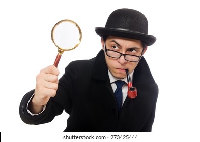 Sherlock Holmes with magnifying glass isolated on white - Powered by Shutterstock