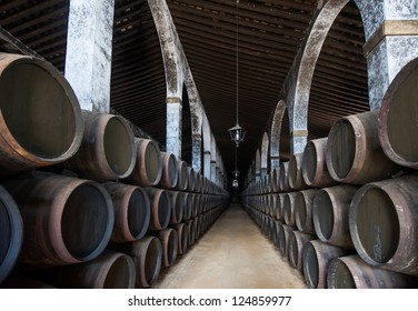 Sherry Barrels In Jerez Bodega, Spain