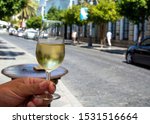 Sherry wine tasting, dry fino, manzanilla or palomino jerez fortified wine in glasses, Jerez de la Frontera, Andalusia, Spain close up