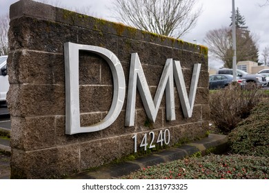 Sherwood, OR, USA - Mar 3, 2022: Closeup of the DMV sign seen outside the DMV office in Sherwood, Oregon. DMV is a government agency that administers motor vehicle registration and driver licensing.