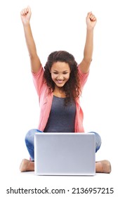 Shes A Straight A Student. Studio Shot Of A Woman Studying On A Laptop Isolated On White.