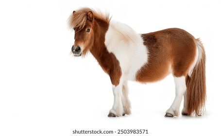 Shetland pony, a Mini or miniature horse is hardy and strong with a small head, widely spaced eyes and small and alert ears.  Adorable, funny, cute isolated on white background with copy space - Powered by Shutterstock