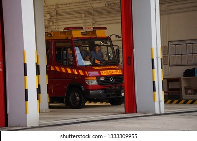 Sheung Wan Fire Station, Hong Kong, 2/8/2018: Fire Trucks Are Departing For An Operation.