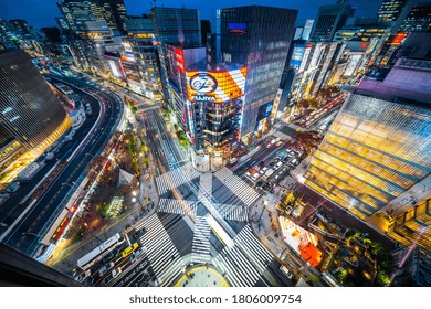 SHIBUYA, JAPAN - Dec.06 2018 : Panoramic Urban City Aerial Night View With Crosstown Traffic In Ginza, Tokyo, Japan