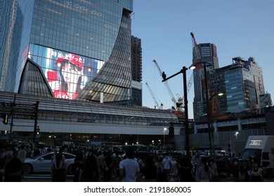 Shibuya, Tokyo, Japan - August 17 2022: A Video Screen Ad On The Shibuya Scramble Square Complex, A Joint Venture Of Tokyu Corp., East Japan Railway Co. And Tokyo Metro Co.