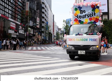 Shibuya, Tokyo / Japan - May 7 2017: People Following Be Yourself Float Truck In The Tokyo Rainbow Pride (TRP) Parade 2017 In Shibuya, Tokyo, Japan.