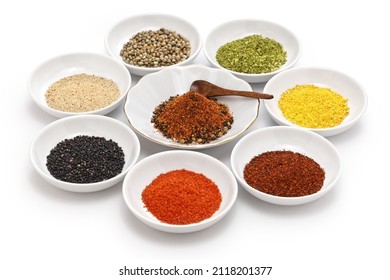 Shichimi Togarashi is a aromatic spices that are indispensable for Japanese cuisine. 
A mixture of dried chili pepper and other seasonings. - Shutterstock ID 2118201377