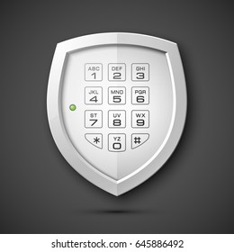Shield with electronic Combination Lock isolated. Defense sign & PIN code entry panel. Protection concept. Safety badge shield icon. Privacy banner. Security label. Presentation sticker shield tag - Shutterstock ID 645886492