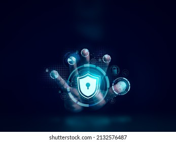 Shield lock button and personal information, finance, mail, phone icons on hand while scanning by five fingers to access. Cyber security, data protection, and business privacy technology concept.