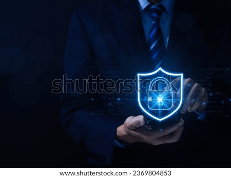 a shield lock icon is secure cyber technology in a smartphone. concept of fraud, privacy data protection, and safe information business. prevent system network security in Internet digital