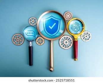 Shield padlock, two step authentication password and fingerprint icons in magnifying glasses near gears and cogwheels, blue background. Cyber security, data protection management technology concepts.