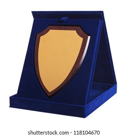 Shield Shaped Trophy In A Blue Award Box On White Background
