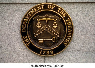 Shield Of The US Treasury On Treasury Building In Washington, DC