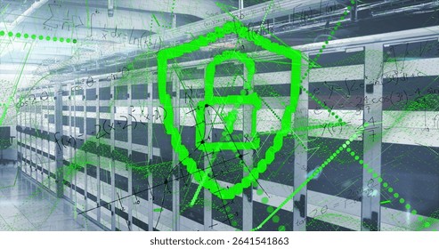 Shielding green digital shield icon protecting data in secure data center, with server racks. Cybersecurity, data, technology, network, digital, protection, infrastructure