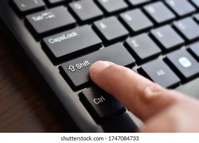 Shift button on computer keyboard.  Selective focus on the word Shift.  Copy space is on the blurry part.  - Shutterstock ID 1747084733