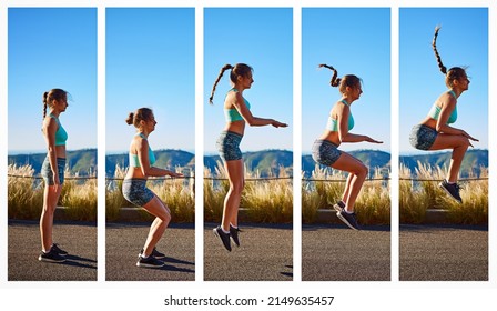 Shifting her fitness into high gear. Composite image of a sporty young woman doing a knee tuck jump outside. - Shutterstock ID 2149635457