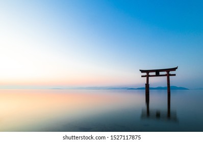 Shiga Prefecture, Japan: The early morning view of the torii gate on the Lake Biwa