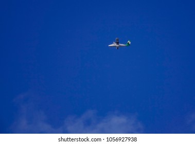 Shikha, Nepal - Oct 24, 2017. An Aircraft Of Tara Air Flying In The Blue Sky In Shikha, Nepal.