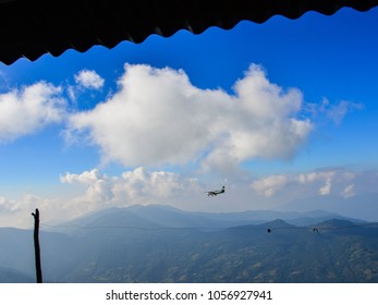 Shikha, Nepal - Oct 24, 2017. An Aircraft Of Tara Air Fliyng In The Blue Sky In Shikha, Nepal.