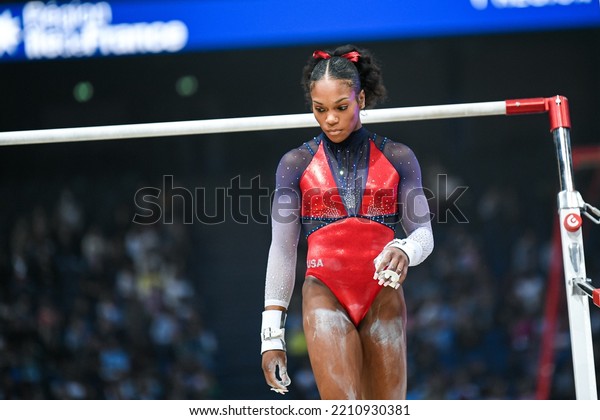 Shilese Jones of USA (women's uneven parallel or
asymmetric bars) during the FIG World Cup Challenge

