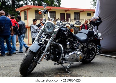 Shillong, India – October 05, 2012: Harley Davidson Motorbike Or Fat Boy Bike Kept For Display In An Exhibition