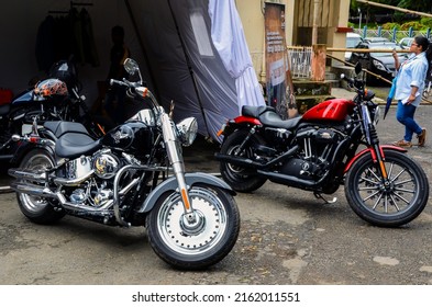 Shillong, India – October 05, 2012: Harley-Davidson motorbikes in display for fans and visitors. Sporty harley davidson bikes in the exhibition of motorcycles.
