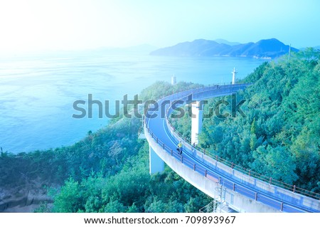 Shimanami Kaido expressway and cycling route links Onomichi Hirochima prefecture with Imabari Ehime Prefecture that links the island of the Seto sea