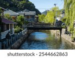 Shimoda Japan, the idillic streets with Japanese houses, bridge and green willow trees along the water canal at Perry Road in Shimoda during autumn at daytime in Shizuoka in Japan. 