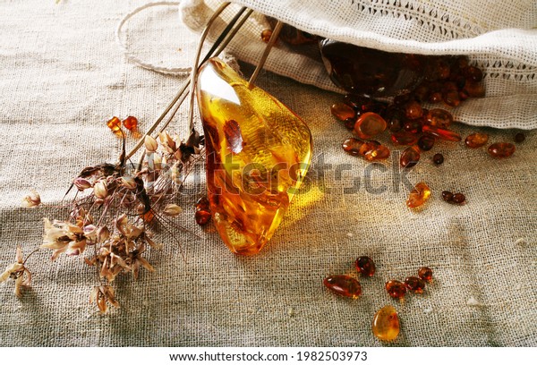 Shine amber stones and dried\
flowers on a linen background. Still-life with amber on\
canvas\
