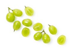 A Lot Of Shine-Muscat Grapes And Cut Shine-Muscat Grapes On A White Background. White Grapes.  Japanese Grapes. View From Above