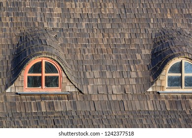 Shingle roof with windows. Stary Jicin Castle. Moravia. Czech Republic. Europe