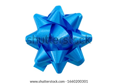 Shining anniversary gift and present decorating silky ornament concept with light blue sleek polished glossy bow isolated on white background clipping path cutout