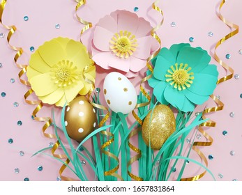 Shining composition of flowers, three golden and white eggs, grass, ribbon and sequins on pastel pink background. Advertising content for the Easter holiday. Flat lay, top view - Powered by Shutterstock