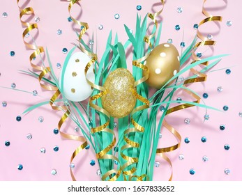 Shining composition of three golden and white eggs, grass, ribbon and sequins on pastel pink background. Advertising content for the Easter holiday. Flat lay, top view, copy space - Powered by Shutterstock