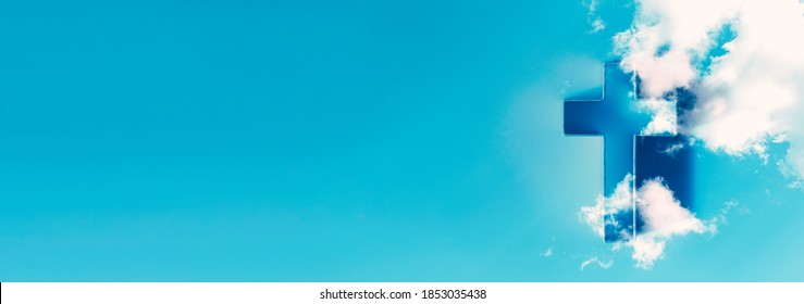Shining cross in clouds on blue sky. Copy space. Ascension day concept. Christian Easter. Faith in Jesus Christ. Christianity. Church worship, salvation concept. Gate to heaven. Eternal life of soul. - Shutterstock ID 1853035438