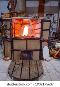 Shining Glass Blowing Furnace At Work. Gas Kiln In Glass Design Studio, Manual Production Of Glass Art