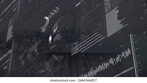 Shining glass sphere displaying world map line charts and bar graphs against faint city skyline. Futuristic, innovation, technology, data visualization, urban, modern, abstract